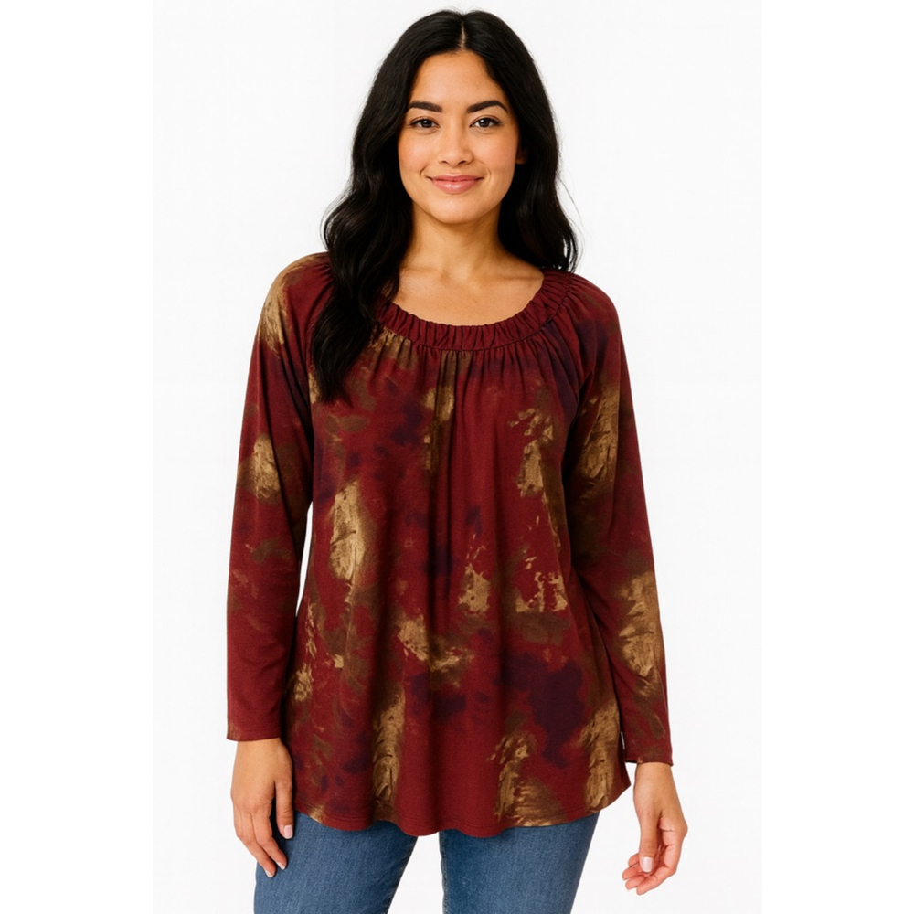Women's Daisy Fuentes Long Sleeve Tee S Red Gold Tie-Dye